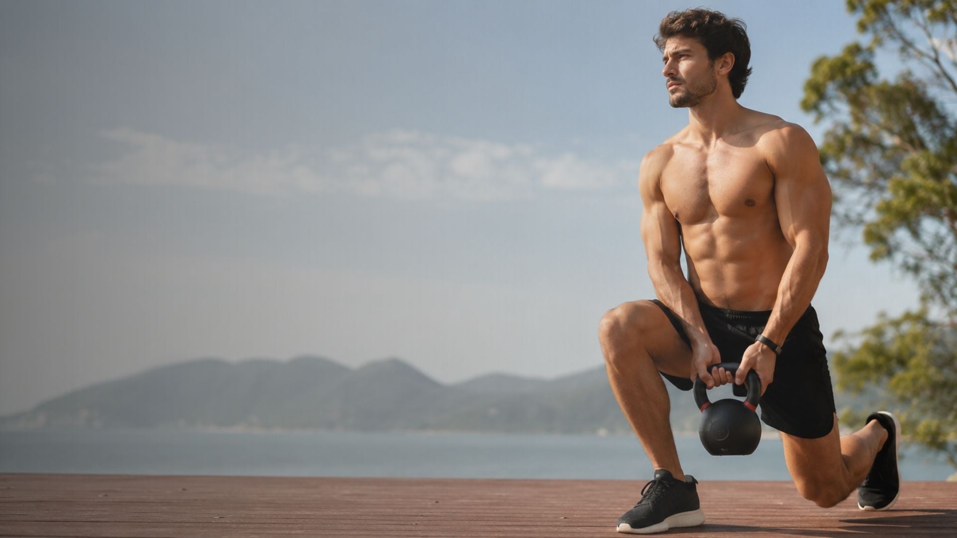 Man exercising with a kettlebell outdoors on a wooden platform with mountains in the background
