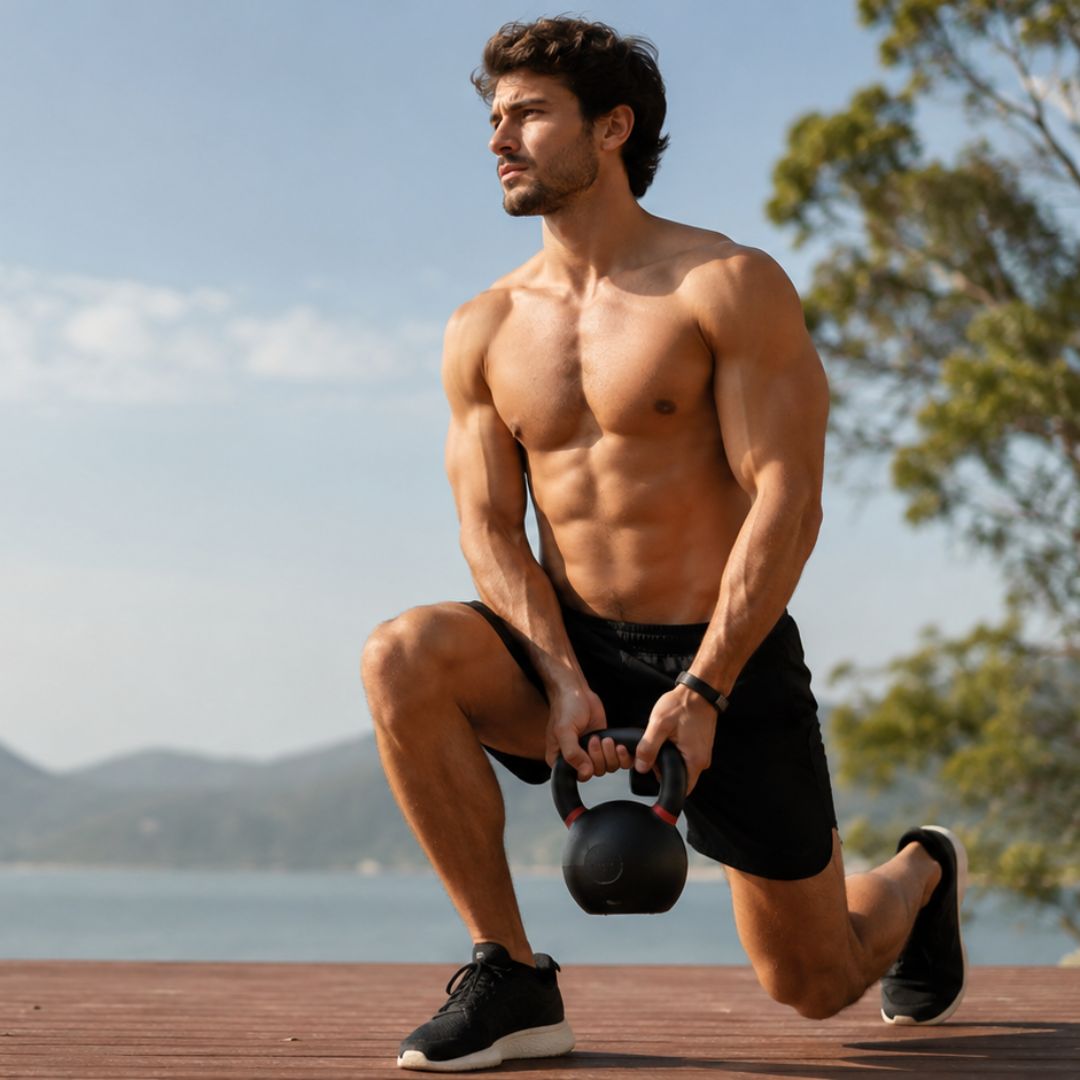 Muscular man exercising with a kettlebell outdoors by a lake
