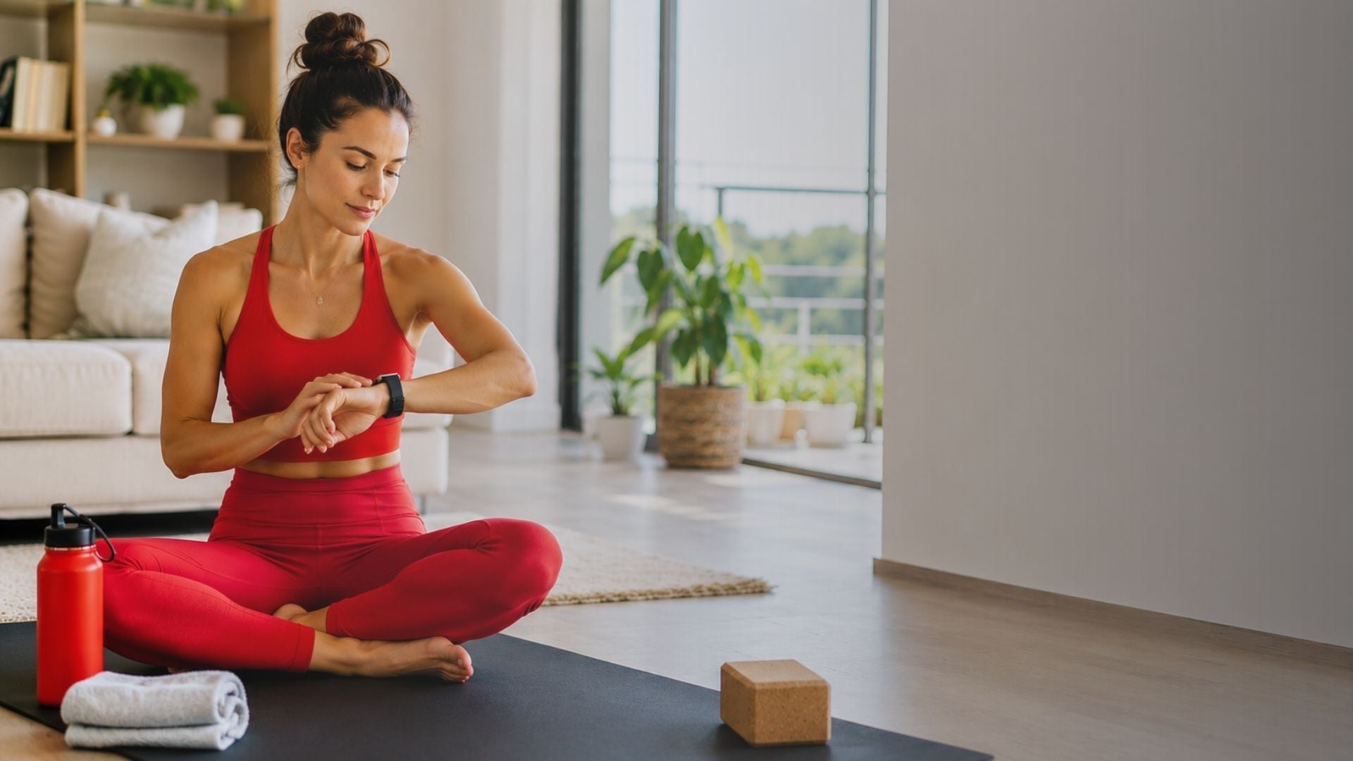 Woman in red workout attire sitting on a yoga mat in a modern living room.
