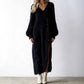 V-Neck Loose Button Slit Dress – Long Sleeve Midi