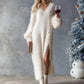 V-Neck Loose Button Slit Dress – Long Sleeve Midi
