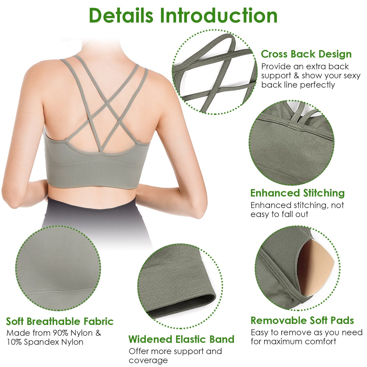 3Packs Women Cross Back Sport Bras Padded Strappy Medium Support Bras Sexy Fitness Tank Tops with Removable Pads for Gym Yoga Workout Running