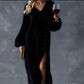 V-Neck Loose Button Slit Dress – Long Sleeve Midi