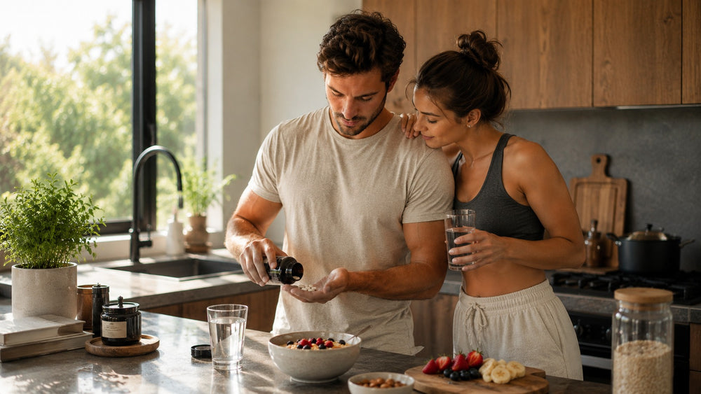 Man and woman in a kitchen preparing food together