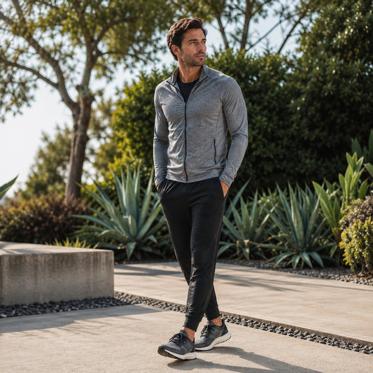 Man in gray jacket and black pants walking outdoors with greenery in the background