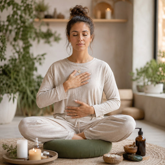 Woman meditating in a peaceful living room setting with plants and candles.