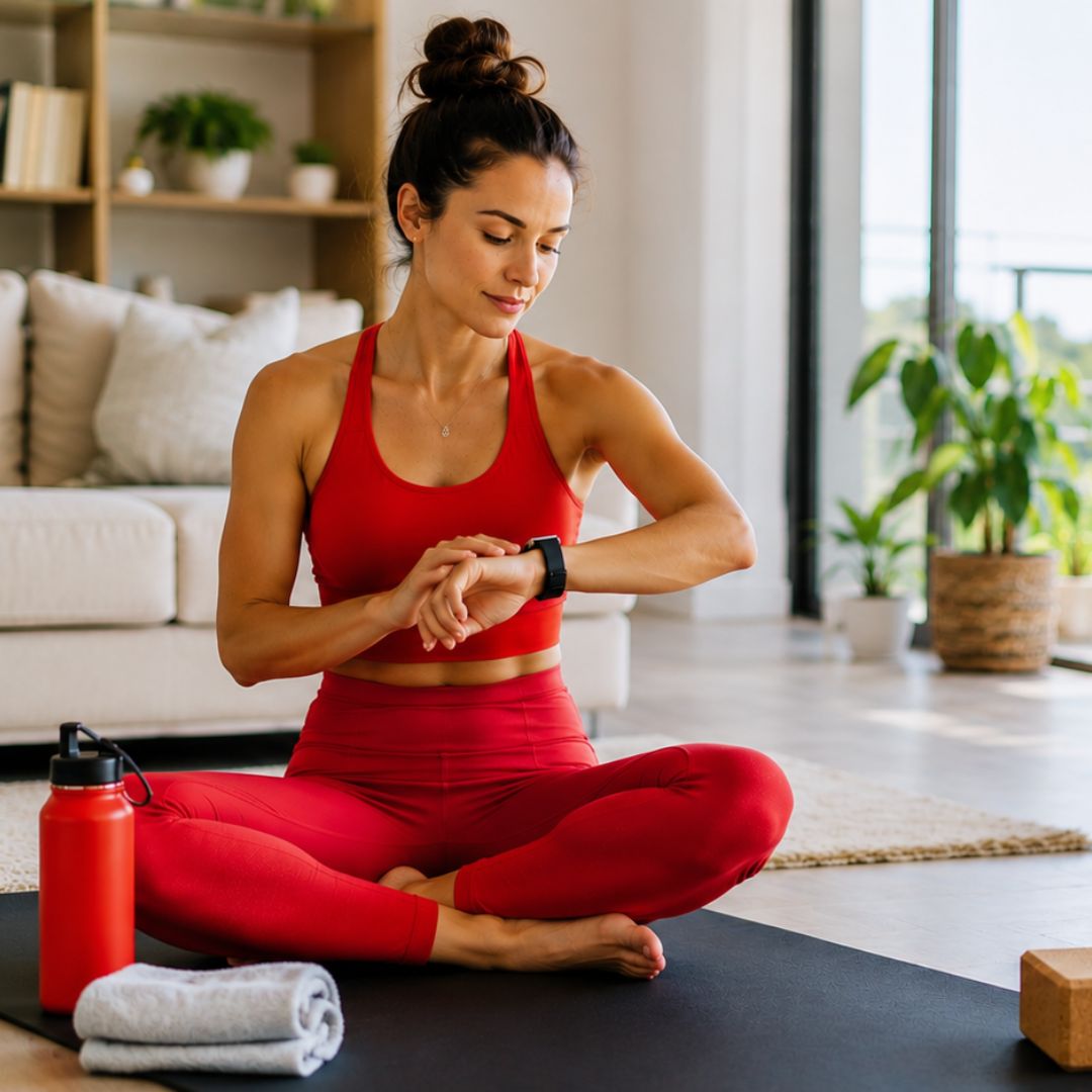Woman in red athletic wear checking her watch on a yoga mat in a living room.