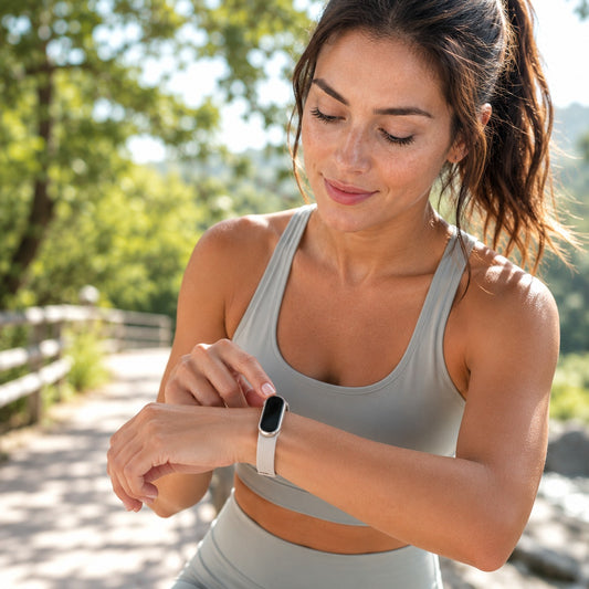 Woman in athletic wear checking her smartwatch outdoors with greenery in the background